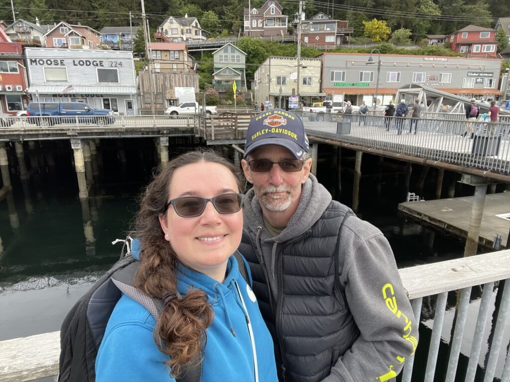 Amanda and her husband on the waterfront in Ketchikan, Alaska
